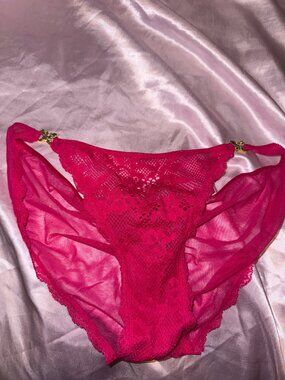 NWT Victoria’s Secret Bling Gold Rhinestone Butterfly Hot Pink Lace Panty